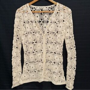 Womens Cream Crocheted Floral Pattern Cardigan Sweater L/S Small Boho Festival